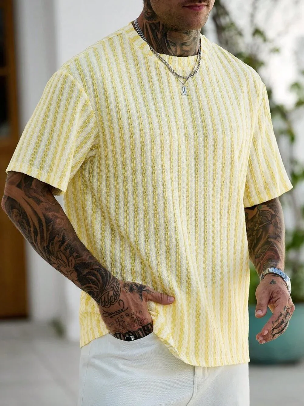 Light Yellow Regular Fit Men's Geometric Knit T-Shirt